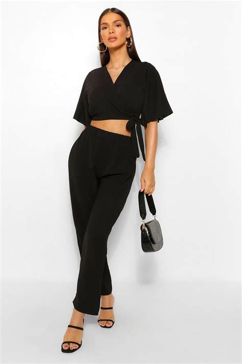 Tie Front Kimono Style Crop And Trouser Co Ord