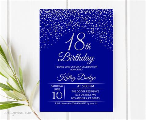 18th Birthday Invitation Royal Blue Silver Birthday Etsy