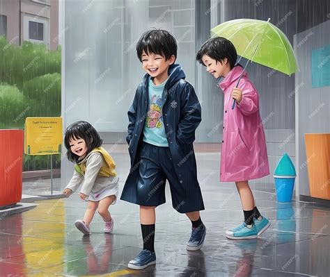 Premium AI Image | a painting of three children playing in the rain