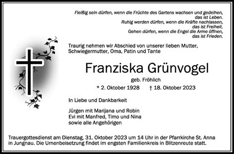 Traueranzeigen Von Franziska Gr Nvogel Schwaebische De Trauerportal