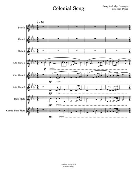 Colonial Song Arranged For Flute Choir By Percy Aldridge Grainger