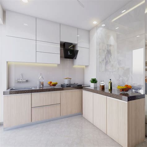 Contemporary Modular L Shaped Kitchen Design With Teak And Frosty White