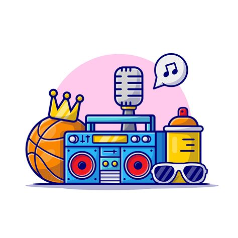 Hip Hop Music With Basketball Boombox Glasses Crown And Microphone