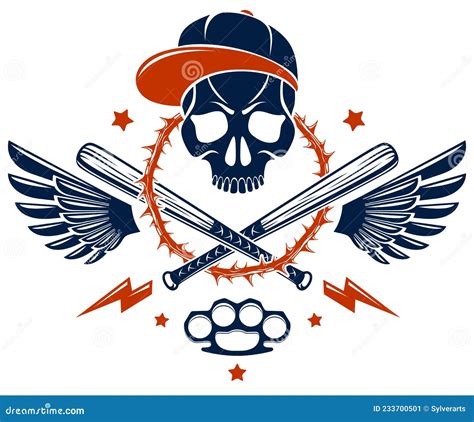 Brutal Gangster Emblem Or Logo With Aggressive Skull Baseball Bats And