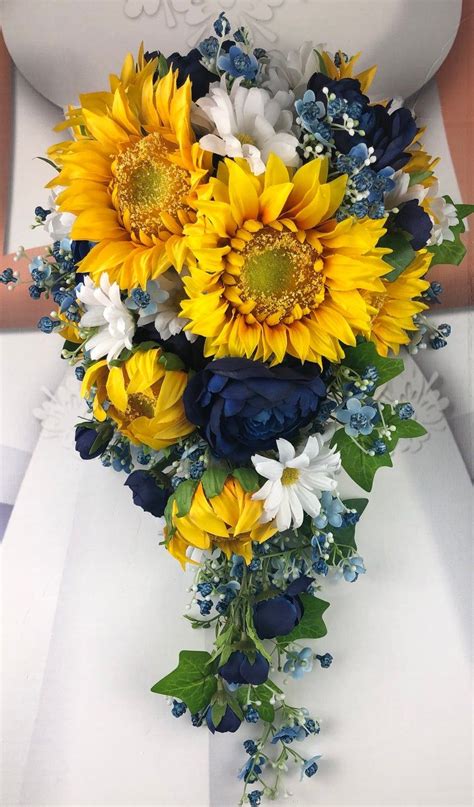 Artificial Navy Sunflower And Daisy Bridal Bouquets Blue Etsy