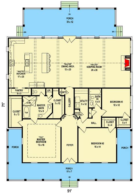 Charming 3 Bed Southern House Plan With Front And Back Porches 58622sv Floor Plan Main Level