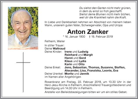 Traueranzeigen von Anton Zanker Allgäuer Zeitung