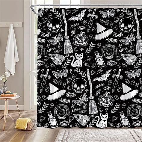 Spooky Halloween Shower Curtain Black Alchemy Magic World Witch Pumpkin