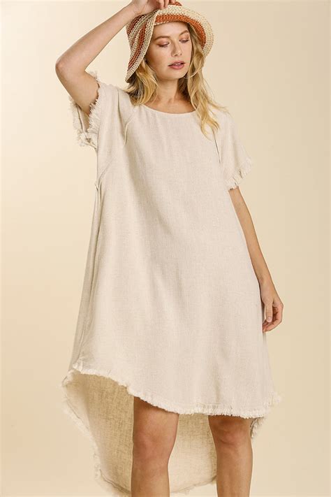 Umgee Oatmeal High Low Linen Blend Dress With Frayed Details Final Sal