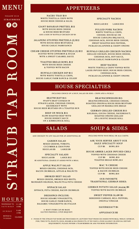 Tap Room Menu - Straub Brewery