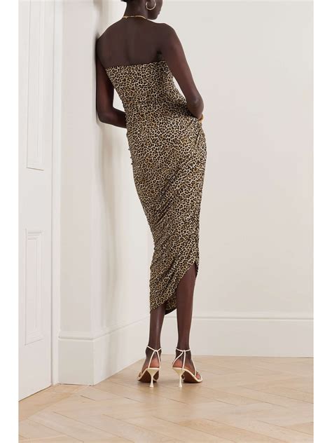 Norma Kamali Diana Strapless Ruched Asymmetric Leopard Print Stretch