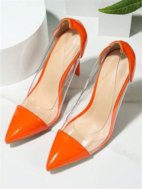 Women Clear Panel Point Toe Stiletto Heeled Pumps Funky Neon Orange