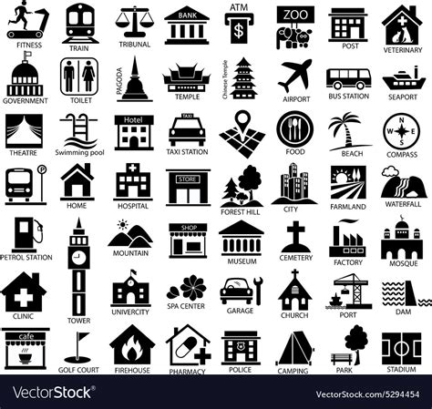 Map Symbol Icon Set Black Royalty Free Vector Image