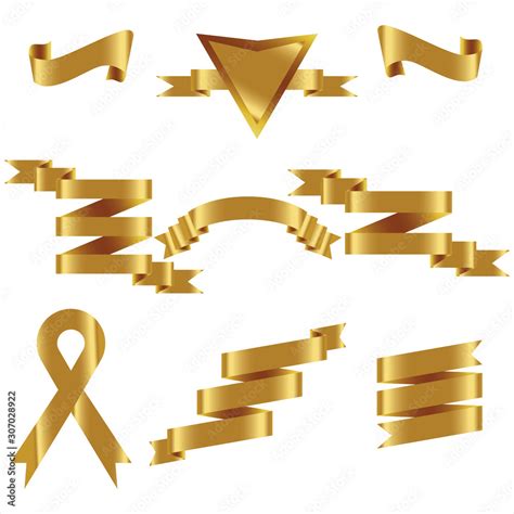 Gold Ribbon Set In Isolated For Celebration And Winner Award Banner White Background Vector