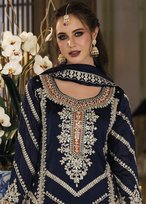 Embroidered Navy Blue Silk Sharara Suit Urban Womania