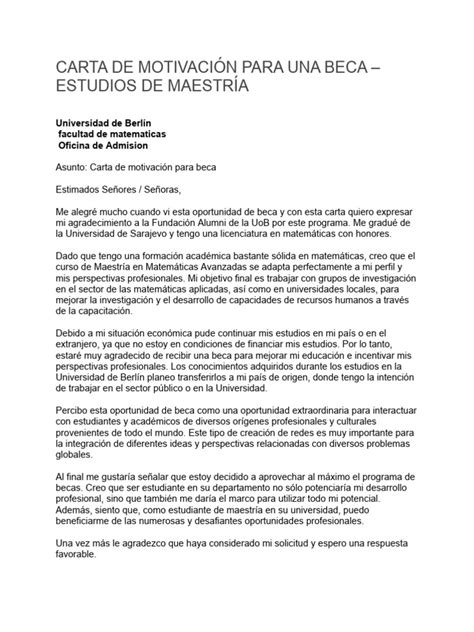 Carta De Motivación Para Una Beca Pdf Universidad