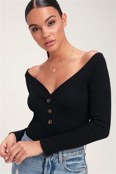 Cute Black Bodysuit Ribbed Bodysuit Off The Shoulder Bodysuit Lulus