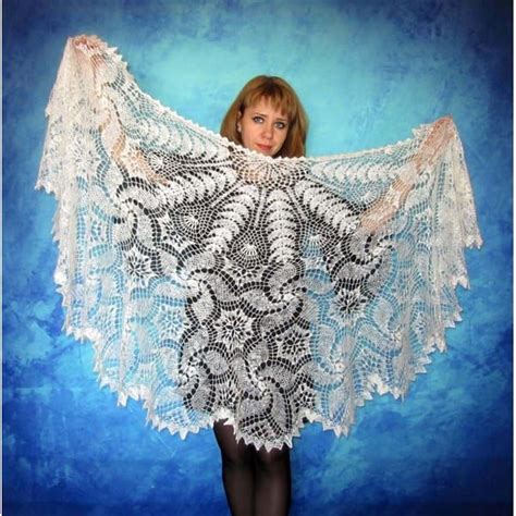 White Crochet Russian Shawl Hand Knit Orenburg Wool Wrap Inspire