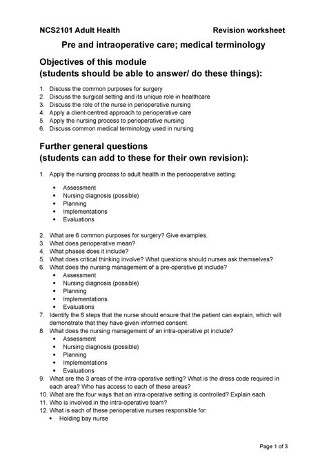 Revision Worksheet Pre And Intraoperative Care NCS2101 Adult Health