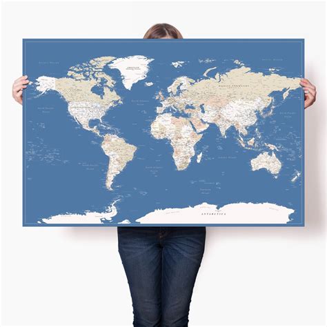 Accurate World Map Poster Blue Big Wall Map Print Detailed Large Travel ...