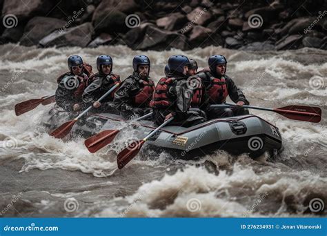 Rafting On A Large Boat On A Mountain River Created By Generative Ai