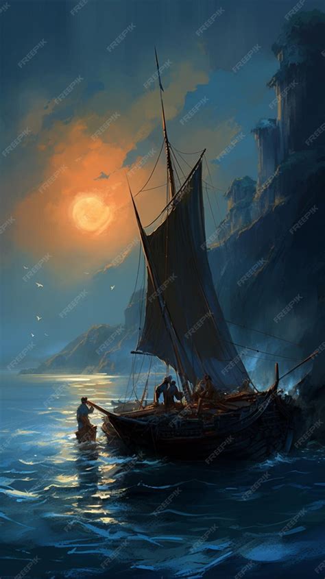 Premium AI Image | A painting of a boat with a moon in the background