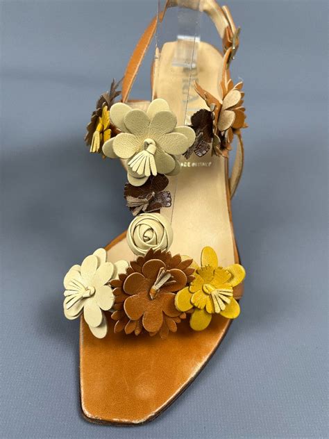 As Is Y K Nude Leather T Strap Heels Multiple Flower Cut Out Appliques