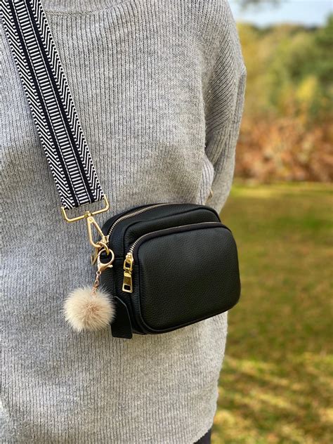 Crossbody Bag Strap In Black And White Mix Pom Pom London