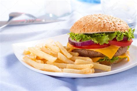 Burger And French Fries On The Plate Stock Photo By Primopiano