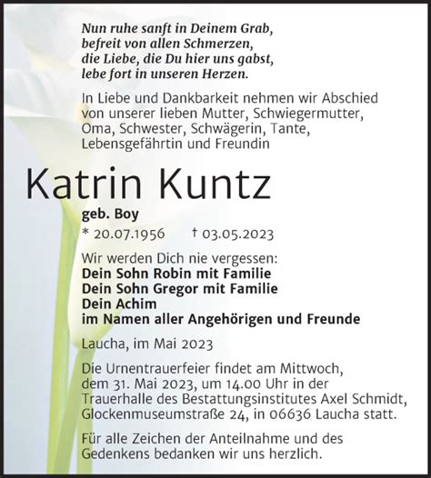 Traueranzeigen Von Katrin Kuntz Abschied Nehmen De