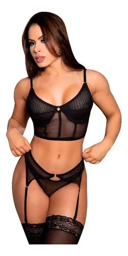 Lingerie Sexy Conjunto Cropped Tule Sensual Cinta Liga Meia Frete Gr Tis