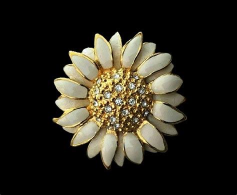 White Enamel Swarovski Crystals Sunflower Gold Plated Brooch Pendant