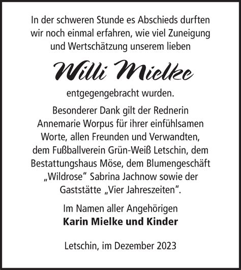 Traueranzeigen von Willi Mielke Märkische Onlinezeitung Trauerportal