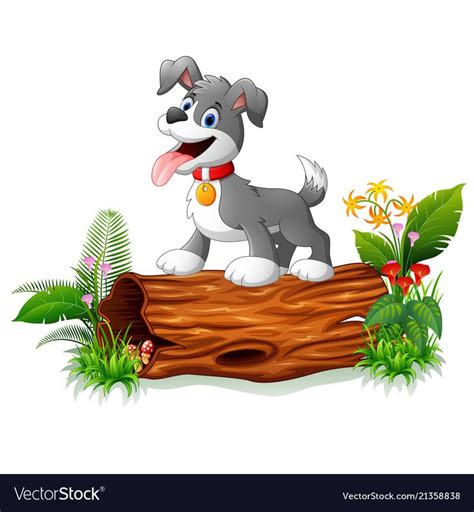 vector illustration of Cartoon baby dog on tree trunk. Download a Free ...