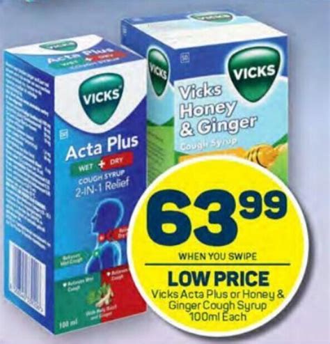 Vicks Acta Plus Or Honey And Ginger Cough Syrup 100ml Each Offer At Pick N Pay