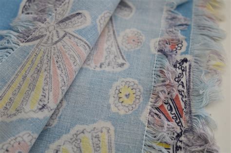 Vintage Cotton Feed Sack Fabric W Fans Flowers Blue W Pink Yellow