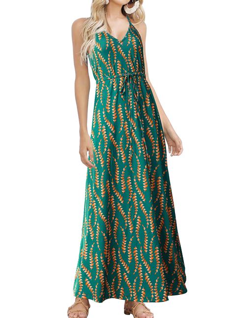 Huskary Womens Sleeveless V Neck Spaghetti Strap Pockets Beach Boho Tropical Summer Maxi Dress