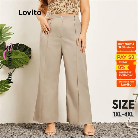 Lovito Plus Size Curve Casual Plain Pocket Button Zipper Women Pants Lps06025 Light Khaki