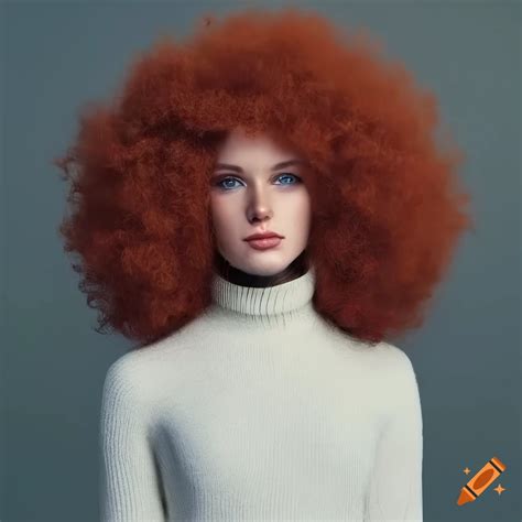 Portrait Of A Beautiful Redhead Woman With A Massive Afro In A White