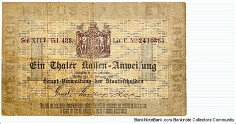 1 Thaler German States Kingdom Of Prussia 1861 Banknote From Germany