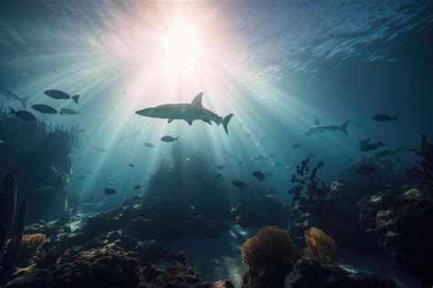 Premium Ai Image Serene Underwater Scene With Rays And Sharks