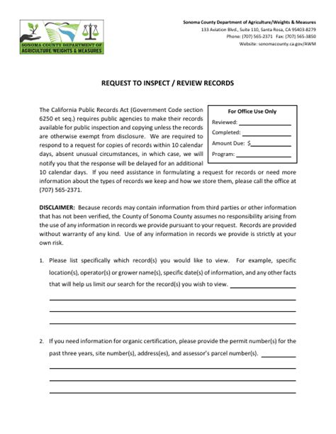 Sonoma County California Request To Inspect Review Records Fill Out