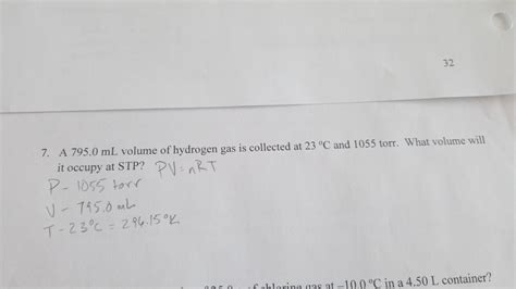 Solved A Ml Volume Of Hydrogen Gas Is Collected At Chegg