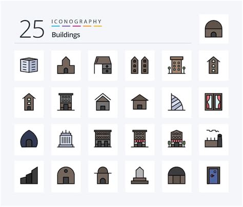 Pacote de ícones preenchido 25 linhas de edifícios incluindo lojas