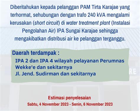 Pam Tirta Karajae Umumkan Gangguan Distribusi Air Baca Pesan