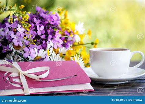 Cup Of Coffee Flowers And An Envelope Stock Photo Image Of White