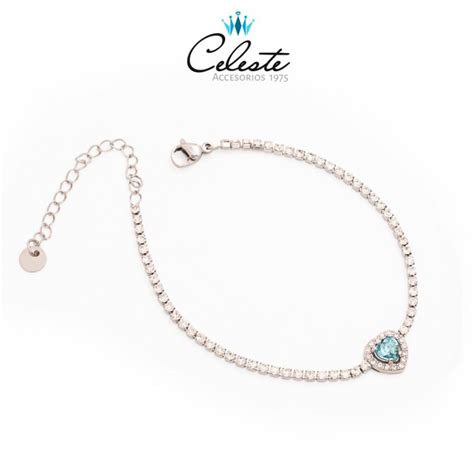 P Pulsera Acero Strach De Zircones Dije Corazon Celeste Microzircones