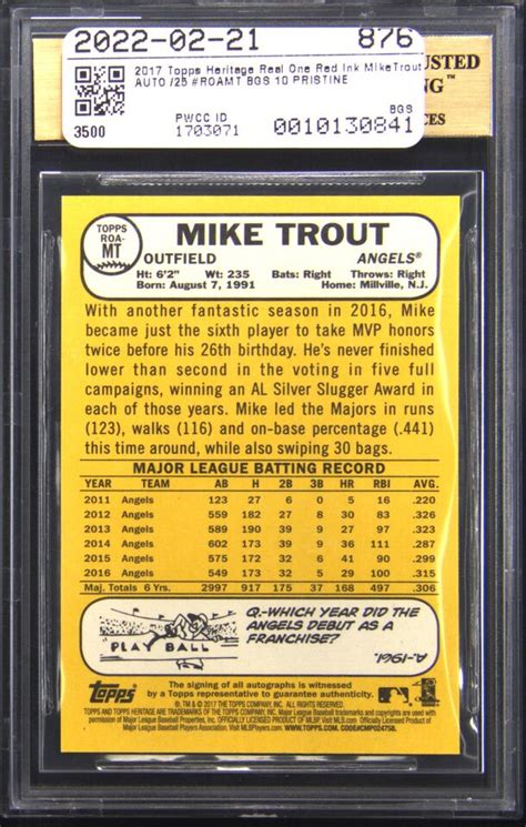 2017 Topps Heritage Mike Trout Red Ink AUTO 25 Real One BGS 10