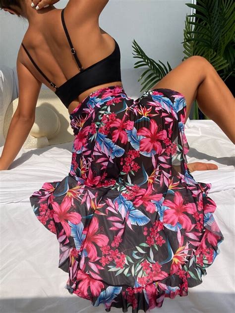 Floral Print Push Up Bikini Swimsuit With Beach Skirt Shein Usa