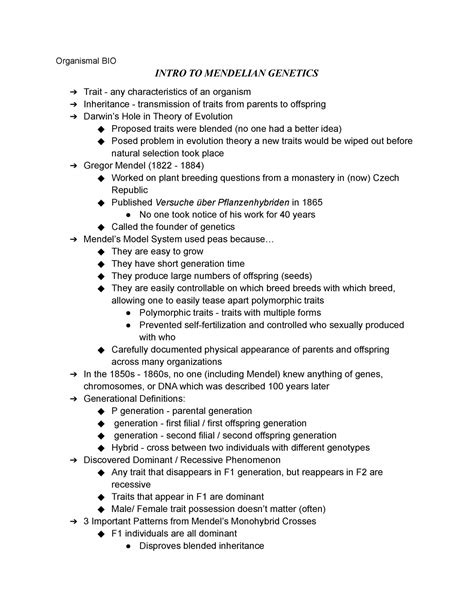 Intro To Mendelian Genetics Organismal BIO INTRO TO MENDELIAN